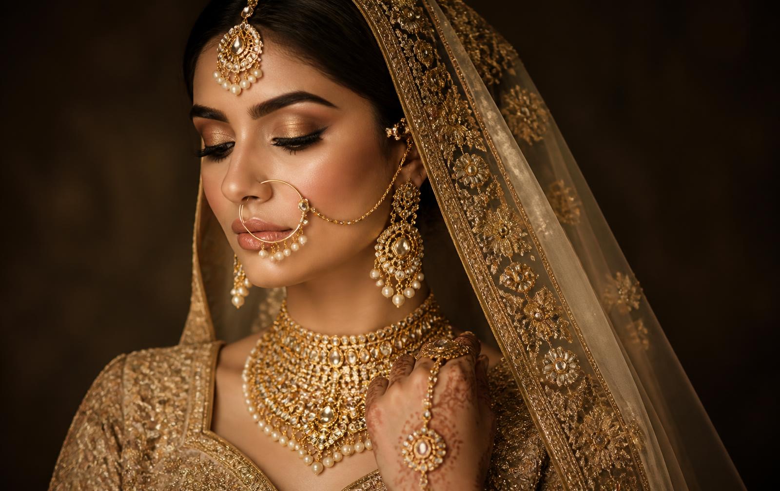 Bride in gold jewellery with HD bridal makeup by Aurea Studio 49