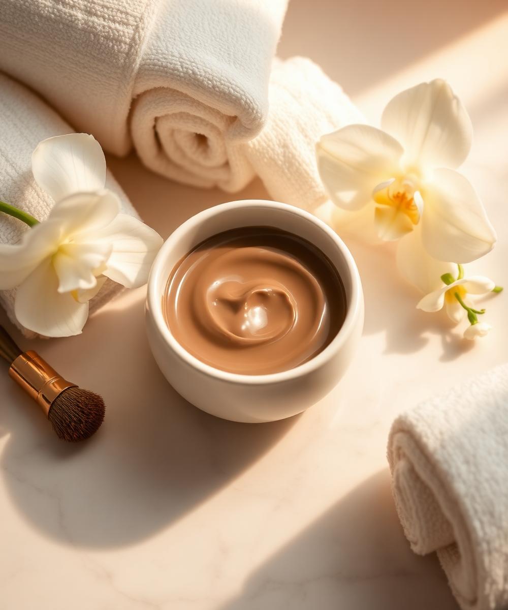 Luxury skincare preparation with clay mask and gold brush