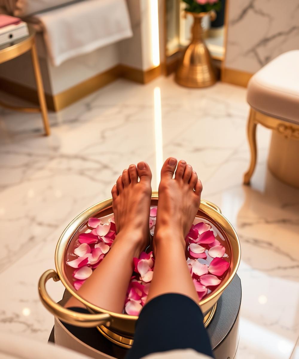 Pedicure in a gold basin with rose petals