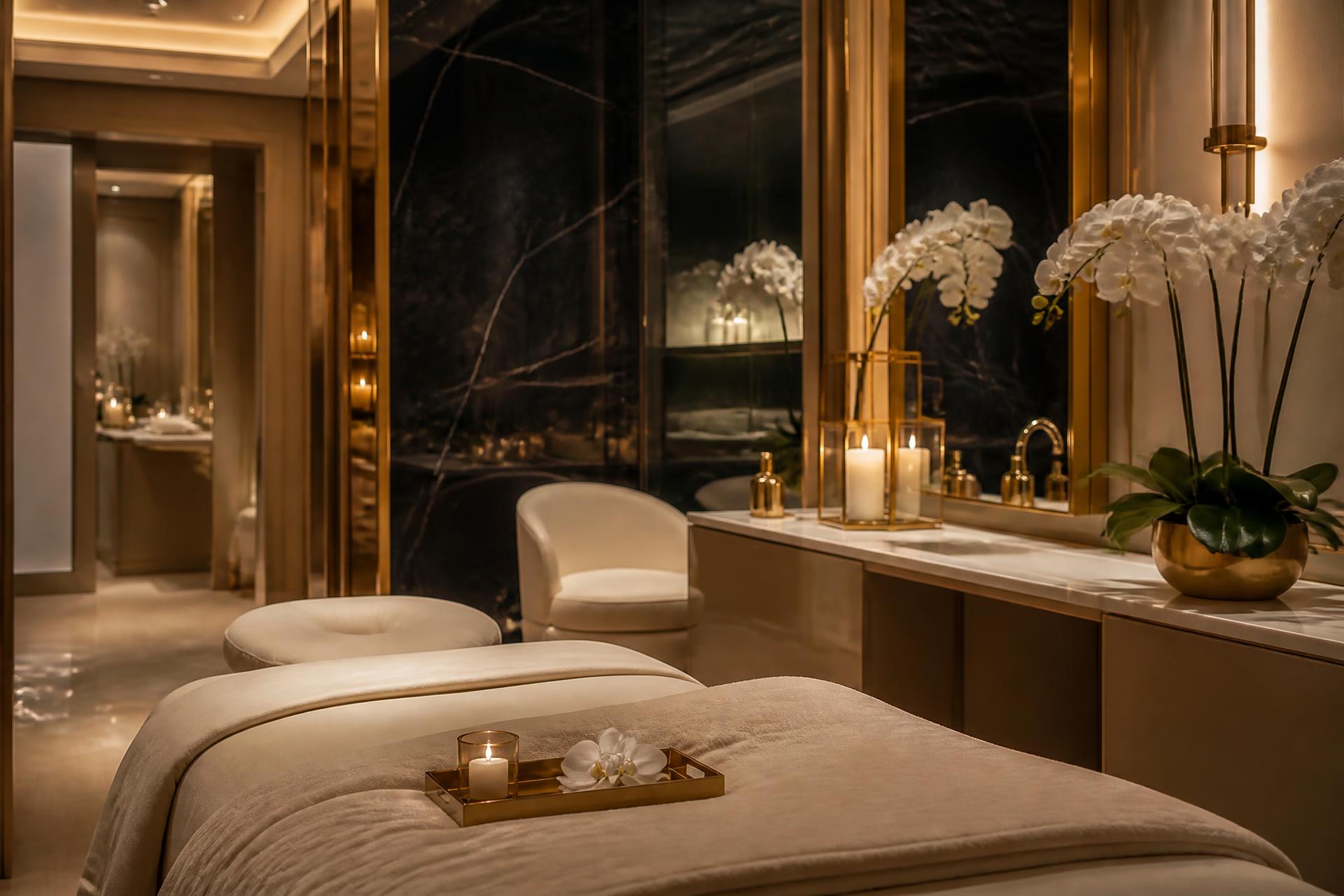 Candlelit treatment lounge at Aurea Studio 49 with champagne gold and marble finishes